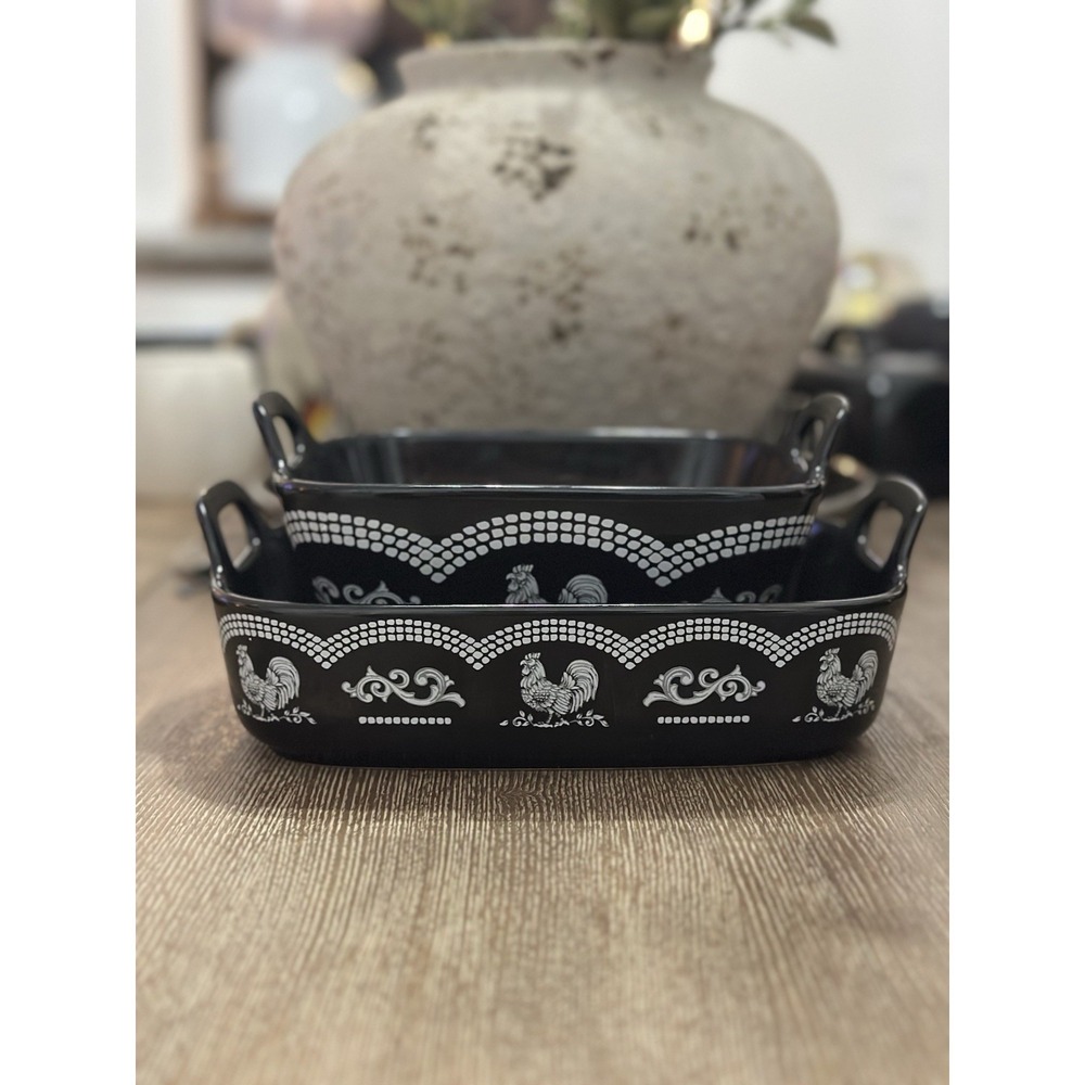 Temp-tations DOODLE DOO BLACK 1- Q Baker ROOSTER‎ Dishes- TWO